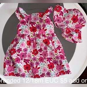Floral Pink and Red Baby Sun Dress with Matching Hat, Bow, Posies